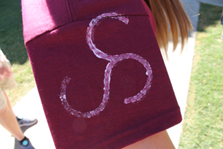 Image of the Sam Steel brand on a Crimson NMSU shirt